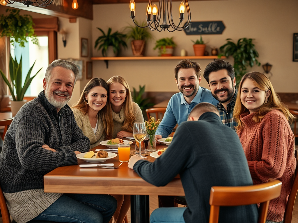 Grupa przyjaciół uśmiecha się przy stole, jedząc posiłki w przytulnej restauracji. Wspaniała atmosfera!